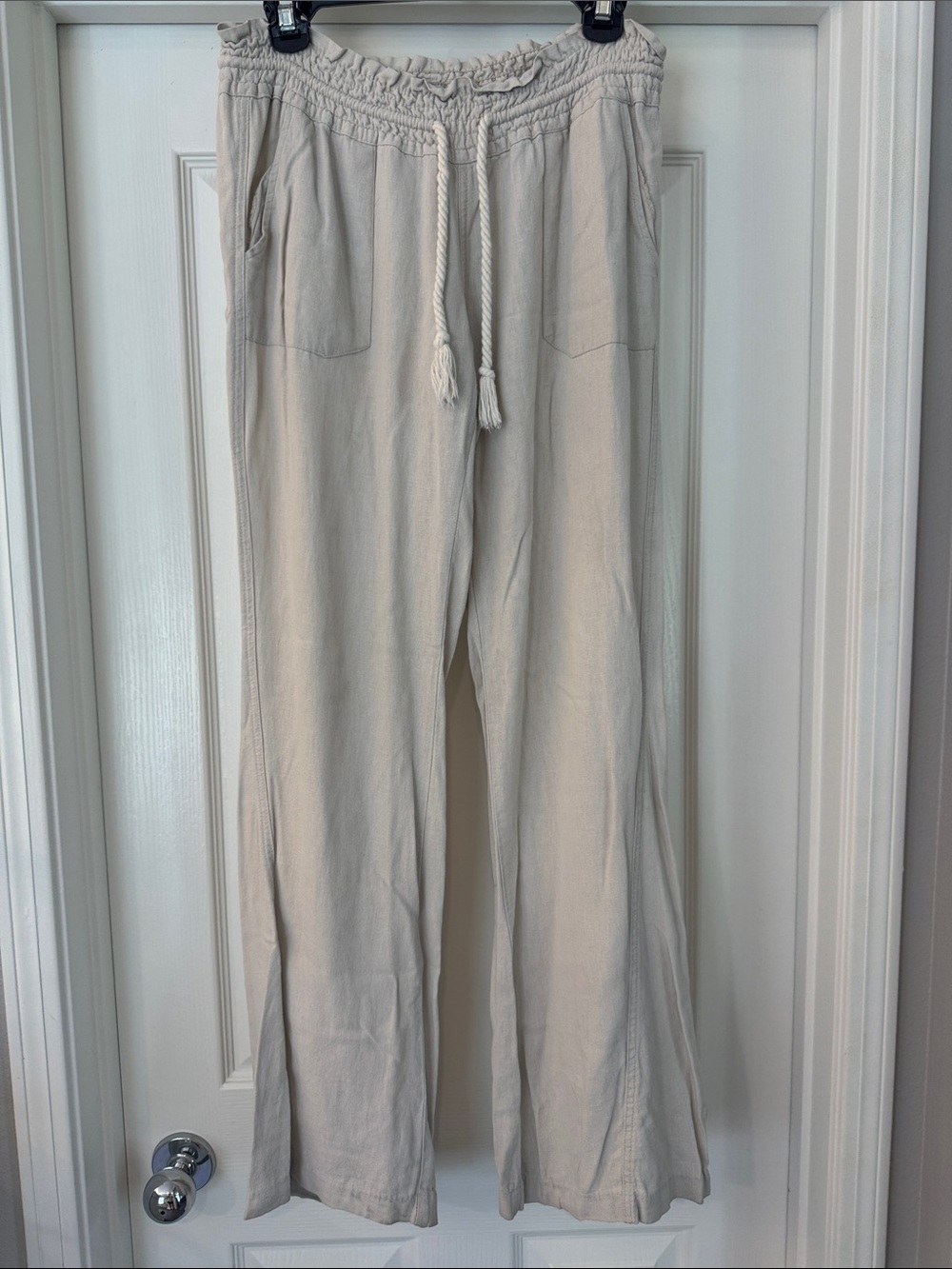 Roxy Light Beige Drawstring Linen-Blend Pants